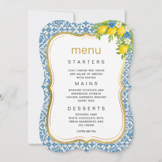 Mediterranes Lemon & Blue Tile Hochzeitmenü Einladung (Vorderseite)