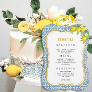 Mediterranes Lemon & Blue Tile Hochzeitmenü Einladung