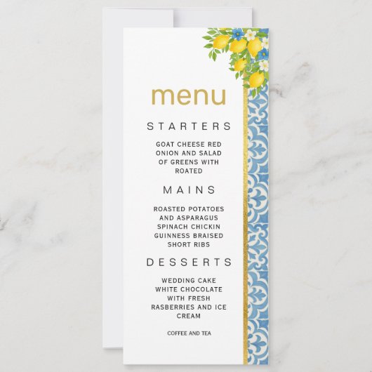 Mediterranes Lemon & Blue Tile Hochzeitmenü Einladung (Vorderseite)