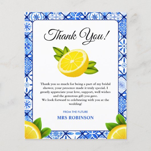 Mediterranes Lemon Brautparty Danke Karte (Vorderseite)