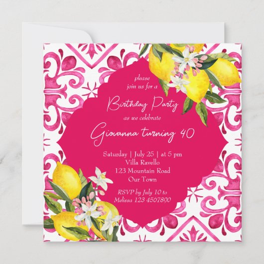 Mediterranes Majolica magenta fliest Zitrone Party Einladung (Vorderseite)