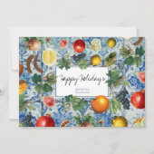 Mediterranes Obst Blaue Mosaikwein Weihnachtskarte (Vorderseite)