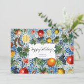 Mediterranes Obst Blaue Mosaikwein Weihnachtskarte (Stehend Vorderseite)