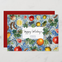 Mediterranes Obst Blaue Mosaikwein Weihnachtskarte