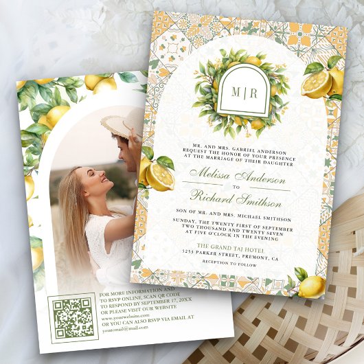 Mediterranes Tile Lemon QR Code Foto Hochzeit Einladung