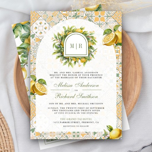 Mediterranes Tile Lemon QR Code Foto Hochzeit Einladung
