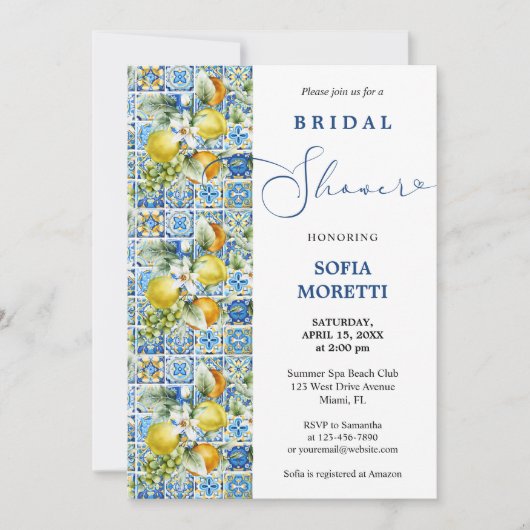 Mediterranes Tile Lemons Baby oder Brautparty Einladung (Vorderseite)
