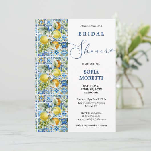 Mediterranes Tile Lemons Baby oder Brautparty Einladung (Stehend Vorderseite)