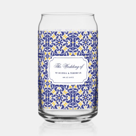 Mediterranes Tiles Blue & Yellow Wedding-Geschenk Dosenglas (Rückseite)