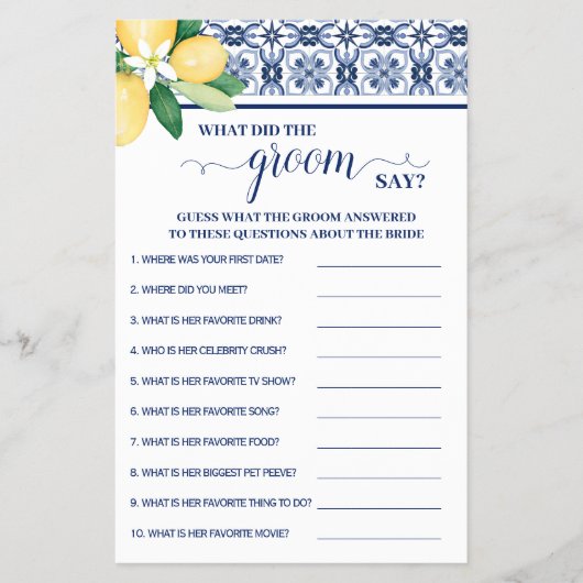 Mediterranes Was hat Groom Say Dusche Game Card Flyer (Vorne)