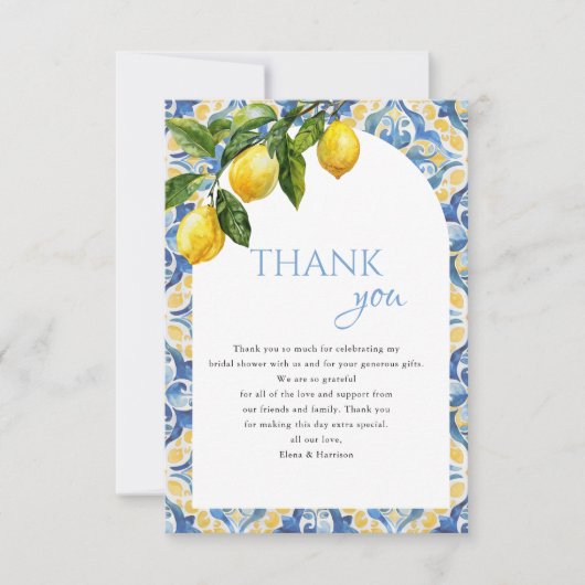 Mediterranes Zitronenmeer-Brautparty Dankeskarte (Vorderseite)