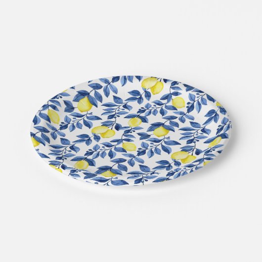 Mediterrenean Citrus Lemon pattern Pappteller (Schrägansicht)