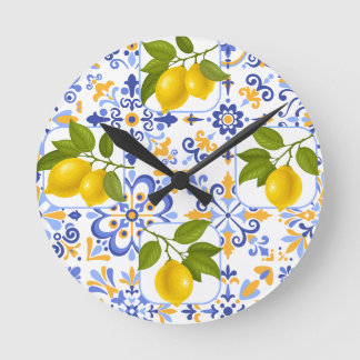 Mediterrenean Citrus Lemon pattern Runde Wanduhr