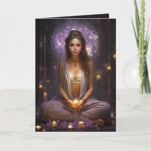 Meditieren des Yoga Girl, Kristalle Amethyst Gebur Karte