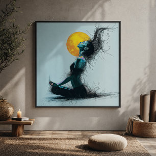 Meditierende Frau Golden Moon Yoga-Pose Leinwanddruck