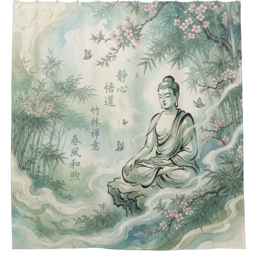 Meditierender Buddha-Bambus-Tusche-Kunst Duschvorhang (Vorderseite)