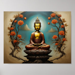 Meditierender Gautama Buddha mit Blumenbaum Poster