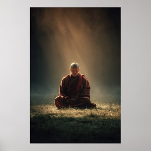 Meditierender Mönch Goldene Lichtstrahlen Nebelige Poster