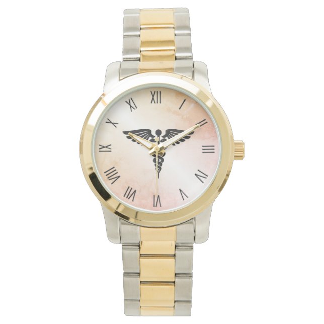 Medizinischer Caduceus-Look aus rustikalem Marmor Armbanduhr (Vorderseite)