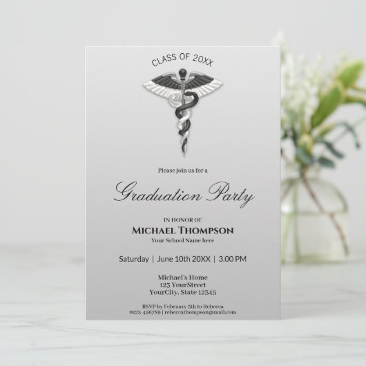 Medizinischer Eleganter Schwarz-weißer Caduceus Ab Einladung (Stehend Vorderseite)