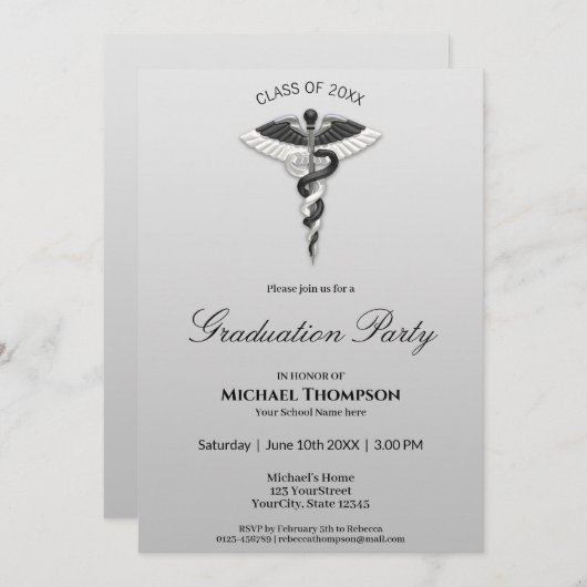 Medizinischer Eleganter Schwarz-weißer Caduceus Ab Einladung (Vorne/Hinten)