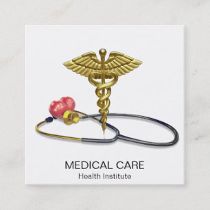 Medizinischer Gold-Caduceus & Stethoskop mit Herz Quadratische Visitenkarte
