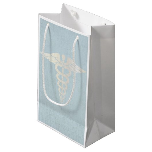 Medizinisches Caduceus-Symbol-nobles blaues Leinen Kleine Geschenktüte (Vorderseite Schrägansicht)