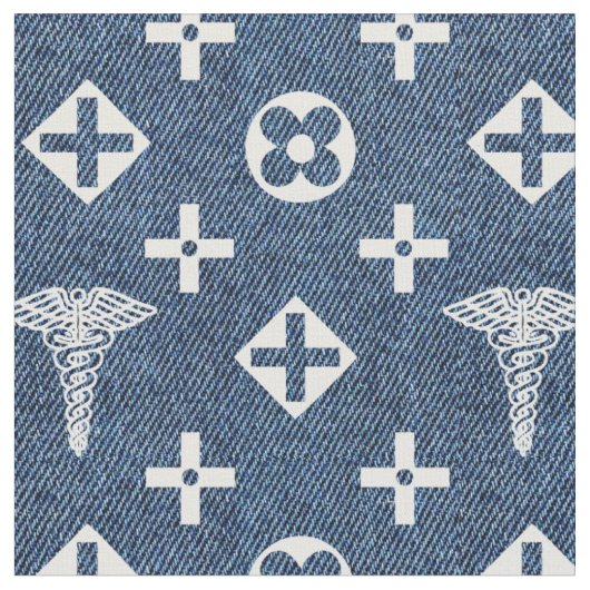 Medizinisches Muster Ärztelogo Blauer Jeans Stoff (Nahaufnahme)