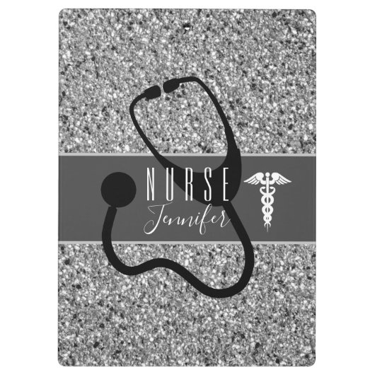 Medizinisches Stethoskop Silver Glitzer Monogramm Klemmbrett (Rückseite)