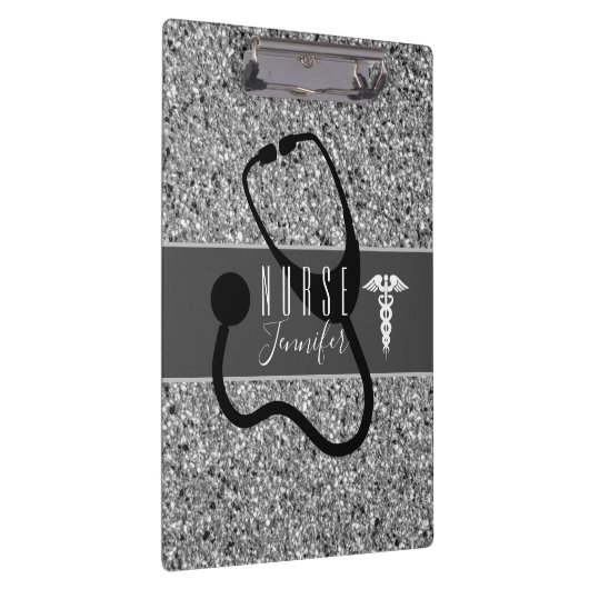 Medizinisches Stethoskop Silver Glitzer Monogramm Klemmbrett (Rechts)