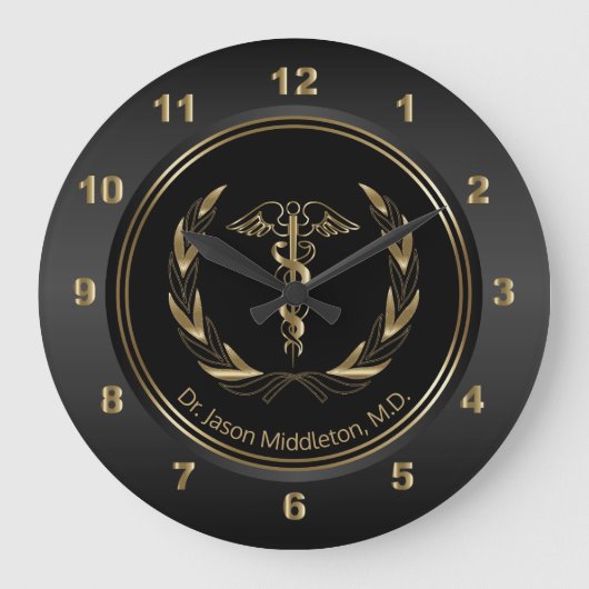Medizinisches Symbol - Schwarz und Gold Große Wanduhr (Vorderseite)