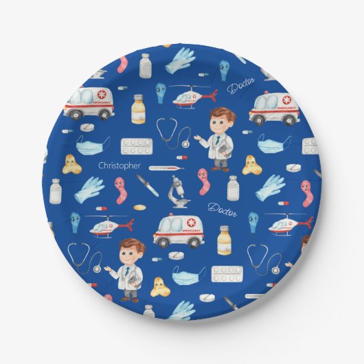 Medizinstudium des kleinen jungen Arztes mit dem N Pappteller (Vorderseite)