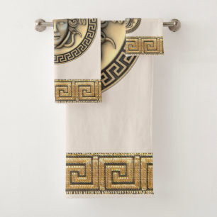 Medusa Golden Gorgon Griechischer Schlüssel BEIGE Badhandtuch Set