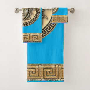 Medusa Golden Gorgon griechischer Schlüssel Blau Badhandtuch Set