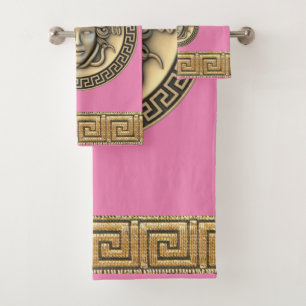 Medusa Goldene Gorgone griechischer Schlüssel Pink Badhandtuch Set