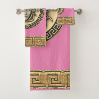 Medusa Goldene Gorgone griechischer Schlüssel Pink Badhandtuch Set