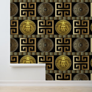 Medusa Griechischer Schlüssel Gold auf Schwarz Des Tapete