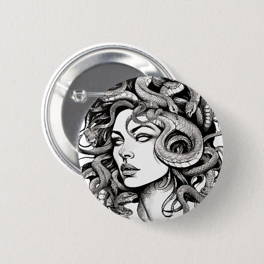 Medusa Kopf Tattoo-Stil Button (Vorne & Hinten)