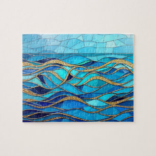 Meer aus Wellen Blau und Gold Mosaik-Kunst Puzzle
