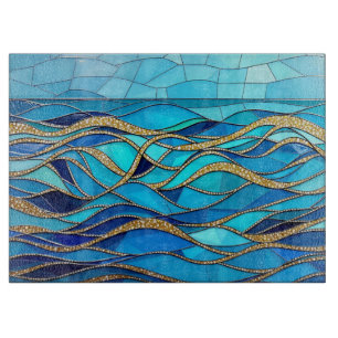 Meer aus Wellen Blau und Gold Mosaik-Kunst Schneidebrett