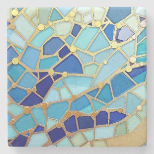 Meer der Wellen Blaue und goldene Mosaik-Fine-Art Steinuntersetzer