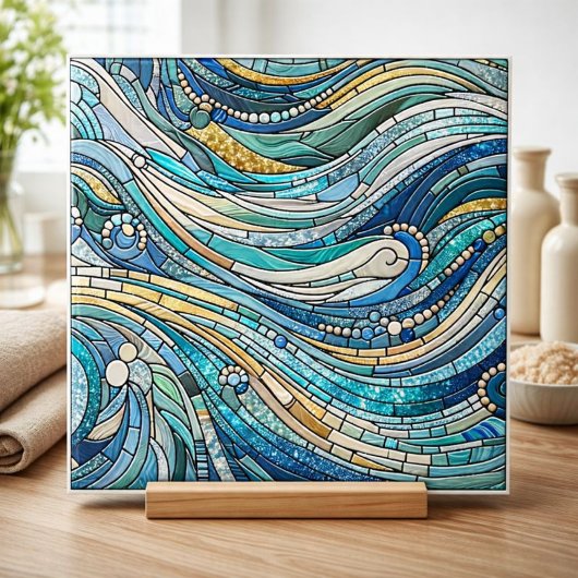Meer der Wellen Teal-Mosaik-Kunst Fliese