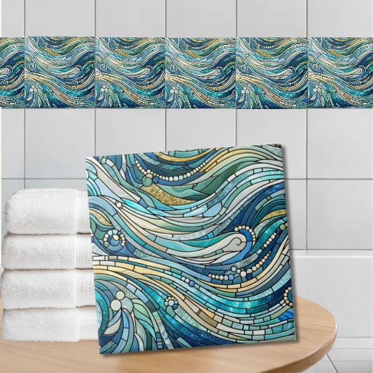 Meer der Wellen Teal-Mosaik-Kunst Fliese