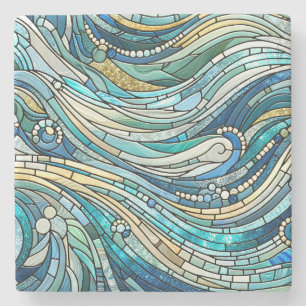 Meer der Wellen Teal-Mosaik-Kunst Steinuntersetzer