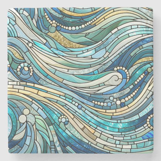 Meer der Wellen Teal-Mosaik-Kunst Steinuntersetzer (Vorderseite)