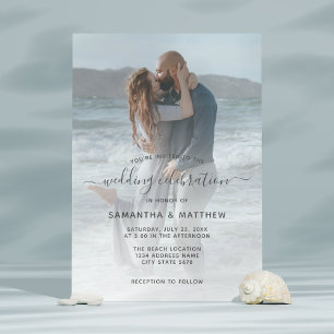 Meer Glas Staubblau Paar Foto Strandhochzeit Einladung
