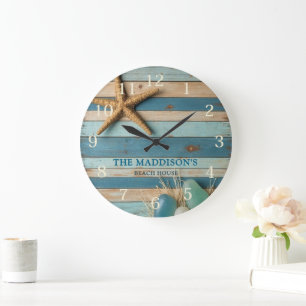 Meer Glas und Strandholz Nautilus - Blau Türkis Große Wanduhr