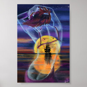 Meer-Sonnenuntergang-Frau-Poster Poster