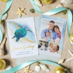 Meer und Grüße Strand Meeresschildkröte 3 Foto Folien Feiertagskarte<br><div class="desc">Die echte Goldfolie verleiht dieser Weihnachtskarte mit dem Thema "Küste" Eleganz, die mit einer türkisblauen Meeresschildkröte in Aquarell auf einem abstrakten Strandhintergrund mit einer funkelnd Welle aus Gold Glitzer und Goldmedaillen & Greetings aufwartet. Auf der Rückseite befinden sich 3 Fotovorlagen, um die Karten mit Ihren Lieblings-Fotos zu personalisieren. Karo in...</div>