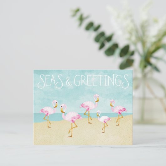 Meer und Grüße Wasserfarbe Rosa Flamingos Postkarte (Stehend Vorderseite)